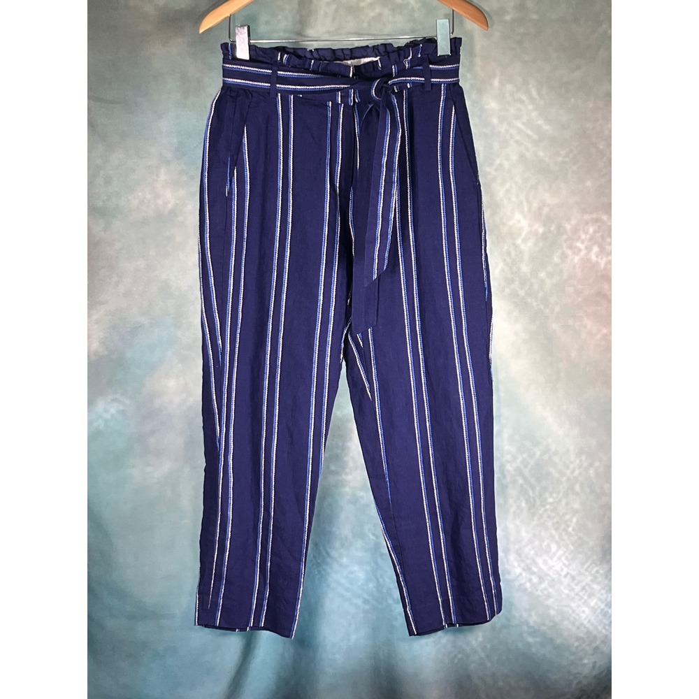 Hatley Womens Blue Striped 100% Linen Paperbag Waist Tie Belt Pants Size Small